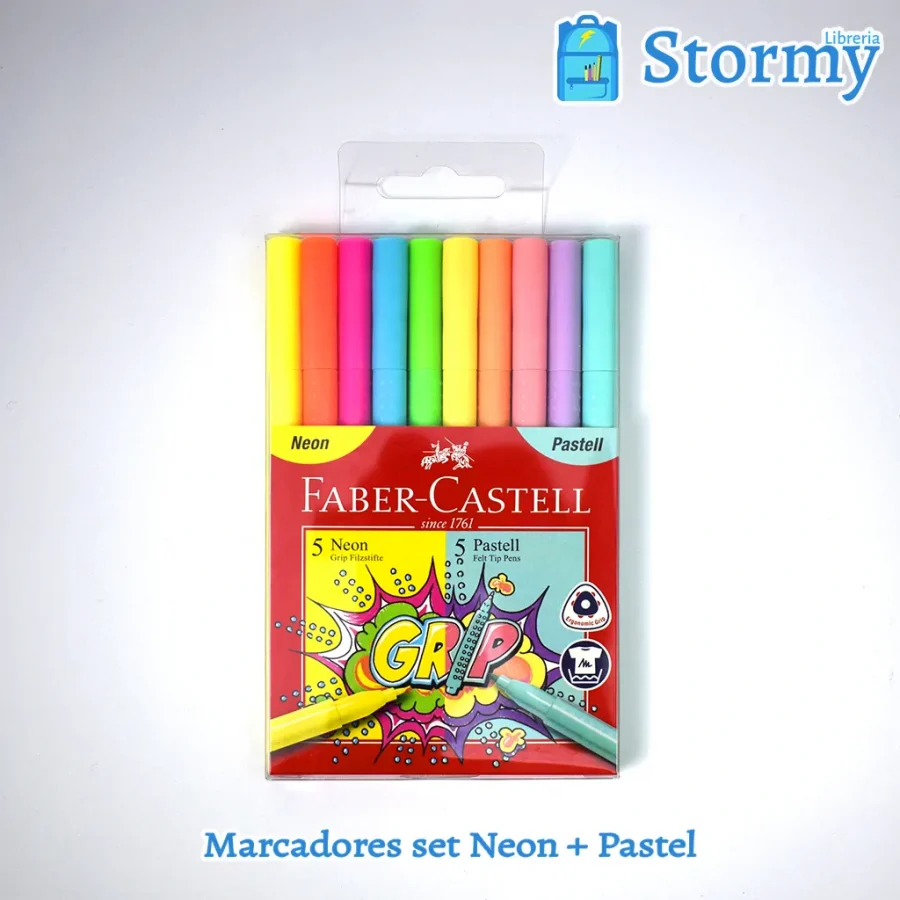 Marcadores set Neon + Pastel marca Faber Castell adelante