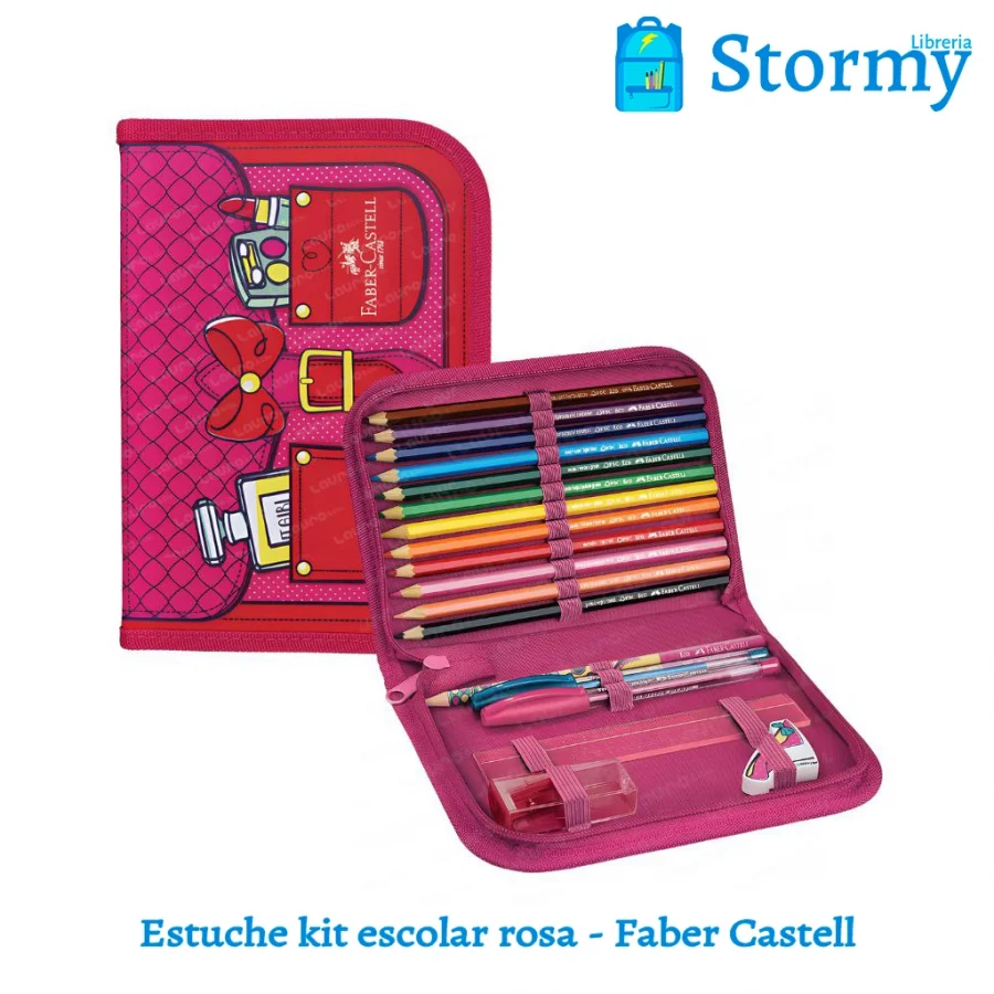 estuche kit escolar rosa faber castell