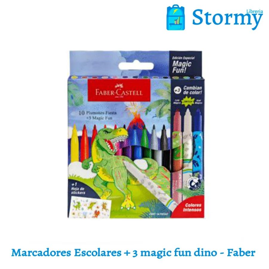 Marcadores escolares + 3 magic fun dino faber castell