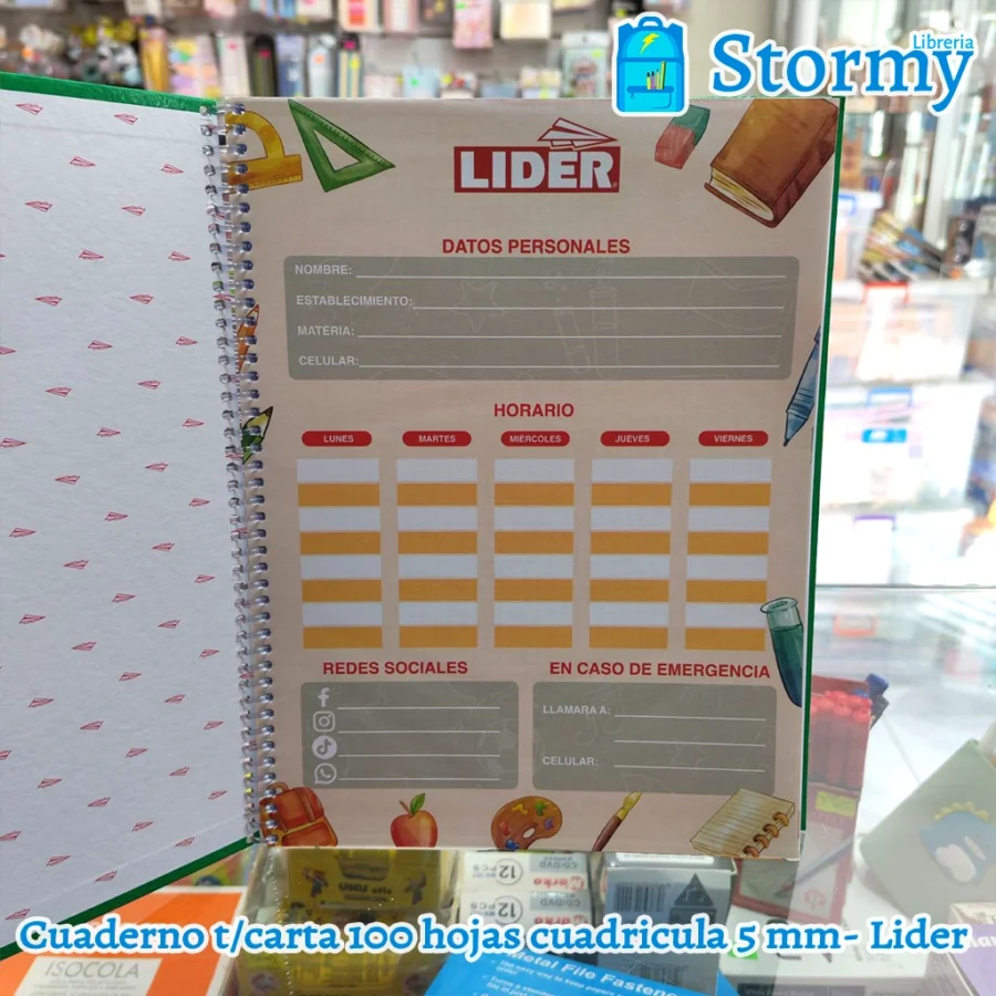 Cuaderno tamaño carta 100 hojas cuadriculadas de 5 mm lider1